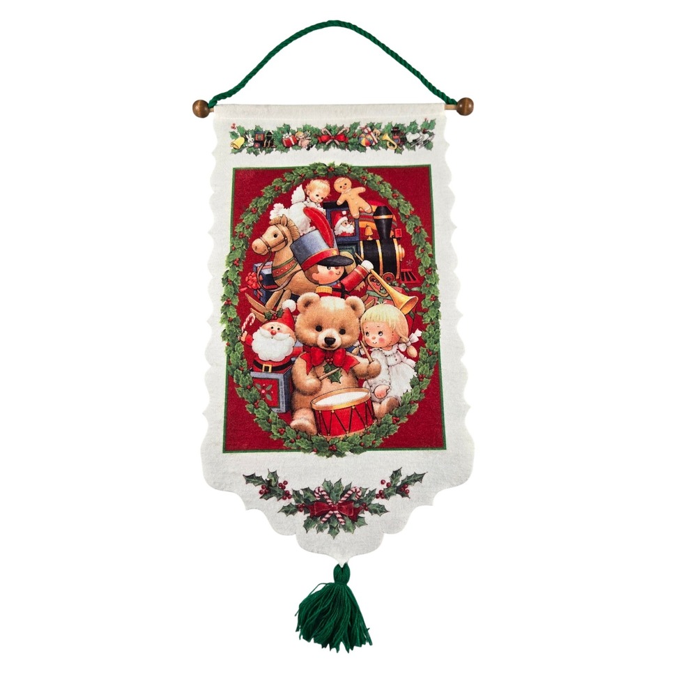 Vintage Christmas Felt Wall Hanging Teddy Bear Toys Santa Caldor 21" 90s Holiday
